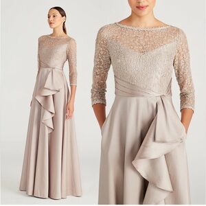 Theia Zola Bateau Mikado Lace Sequin 3/4 Sleeve Champagne Designer Formal Gown 4